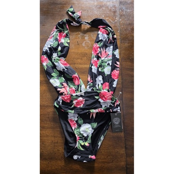 NWT Vince Camuto 6 Tropical Floral Plunge Halter Open Back 1PC Swimsuit 125901 - Picture 4 of 4
